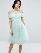 Chi Chi London Midi Dress In Eyelash Lace With Frill Overlay - Green