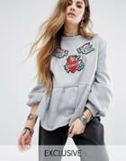 Rokoko Sweatshirt With Peplum Hem And Heart Embroidered Patches - Gray