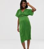 Asos Design Maternity Midi Plisse Tea Dress With Resin Buckle-green