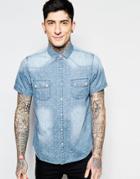 Brave Soul Printed Vintage Wash Short Sleeve Shirt - Navy