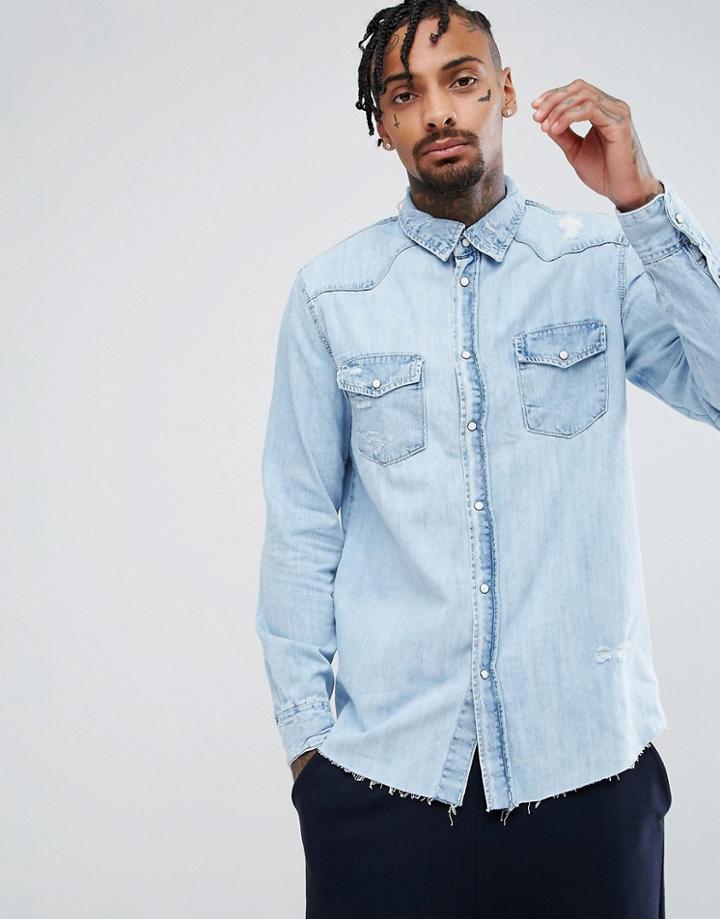 Bershka Denim Shirt With Rips In Light Blue - Blue