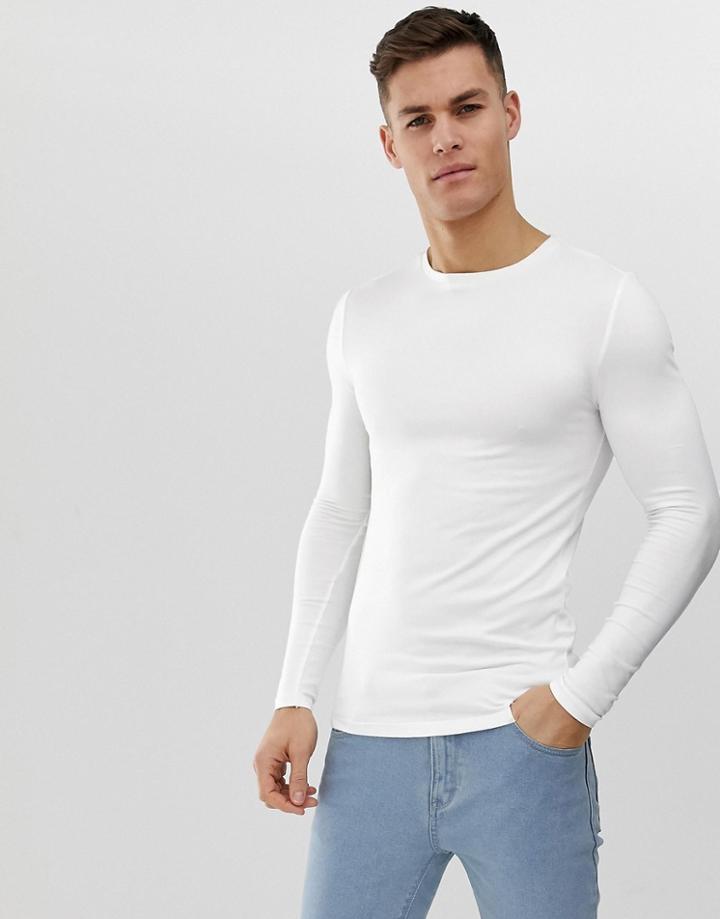 Asos Design Organic Muscle Fit Long Sleeve Crew Neck T-shirt In White