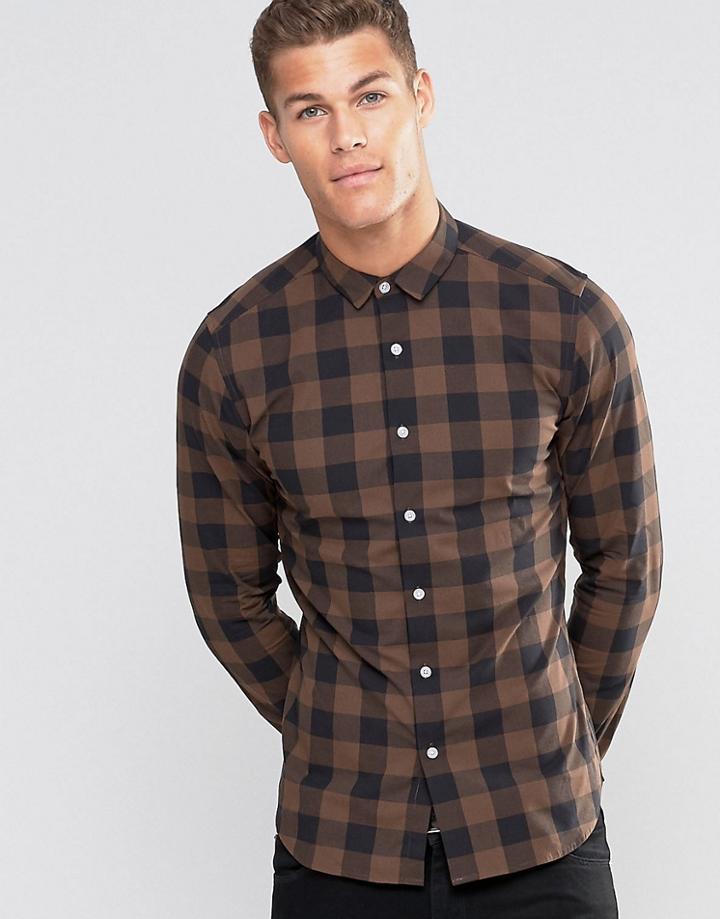 Asos Skinny Shirt In Brown Buffalo Plaid - Brown