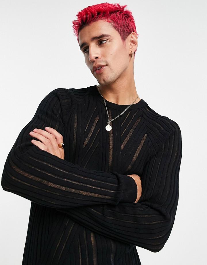 Asos Design Knit Ribbed Sweater With Sheer Panels In Black