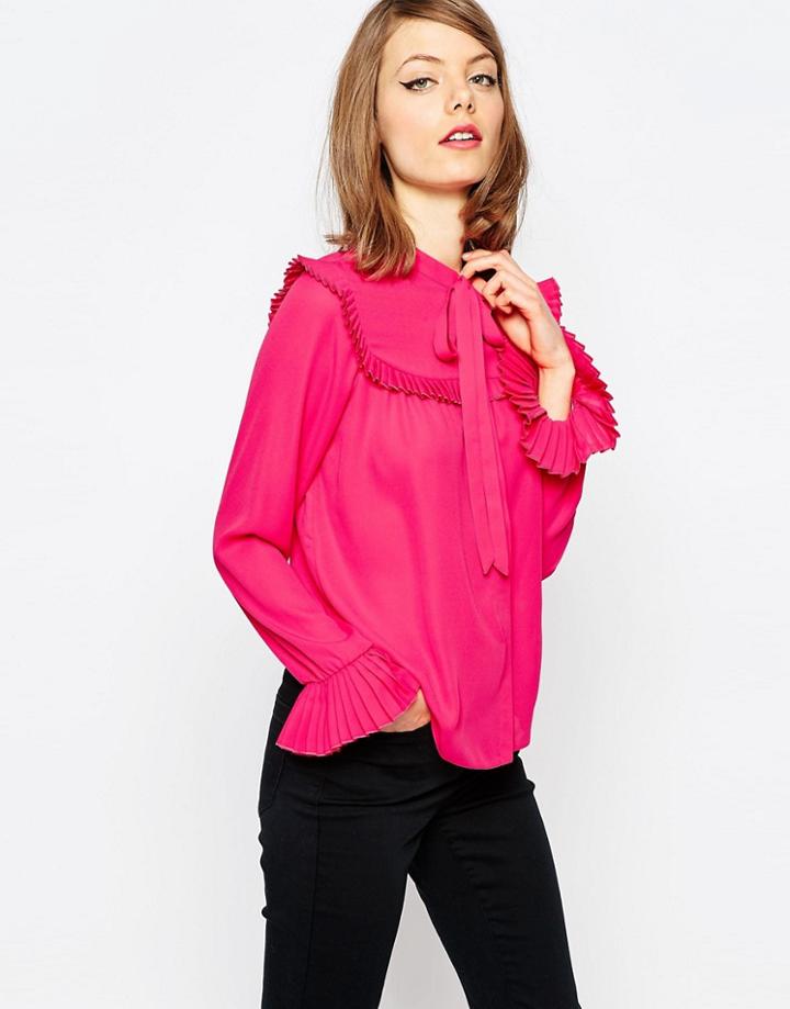 Asos Blouse With Pleated Collar & Ruffle Yoke - Pink