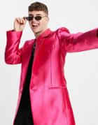 Asos Design Slim Longline Blazer In Pink Satin
