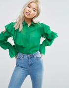 Asos Deconstructed Ruffle Cold Shoulder Blouse With Tie Detail - Green