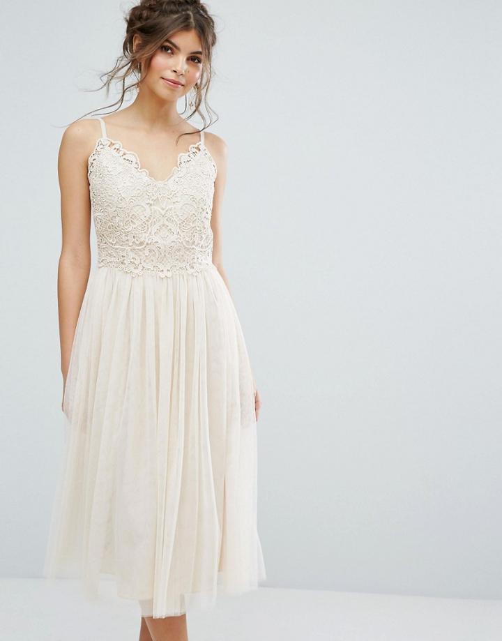 Little Mistress Crochet Tulle Midi Dress - Beige