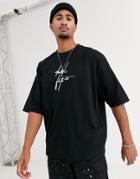Asos Design Oversized Longline Heavyweight T-shirt With Splice Dark Future Logo-black