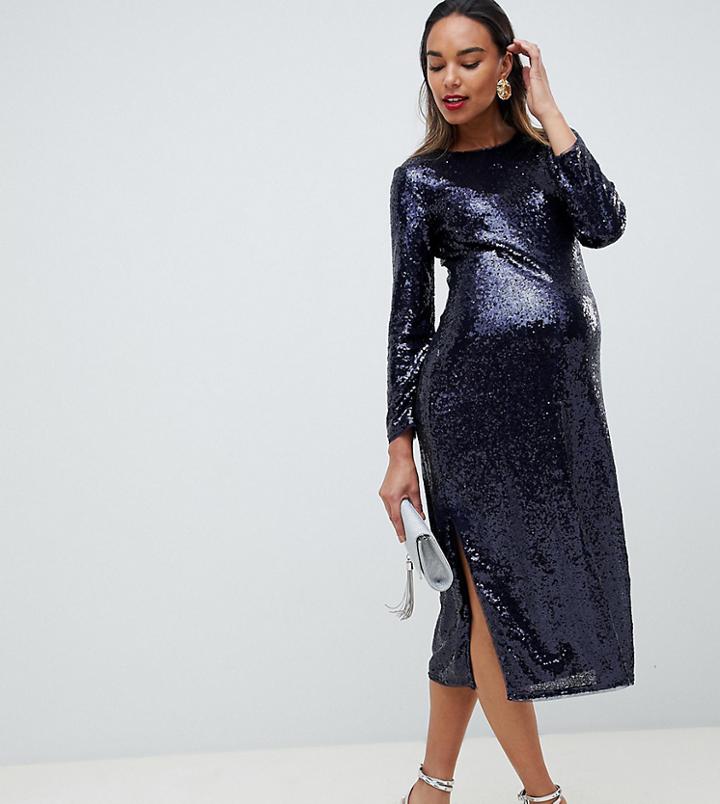Tfnc Maternity Sequin Bodycon Midi Dress In Navy - Navy