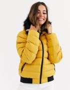 Brave Soul Griffin Puffer Jacket With Faux Fur Trim Hood - Yellow