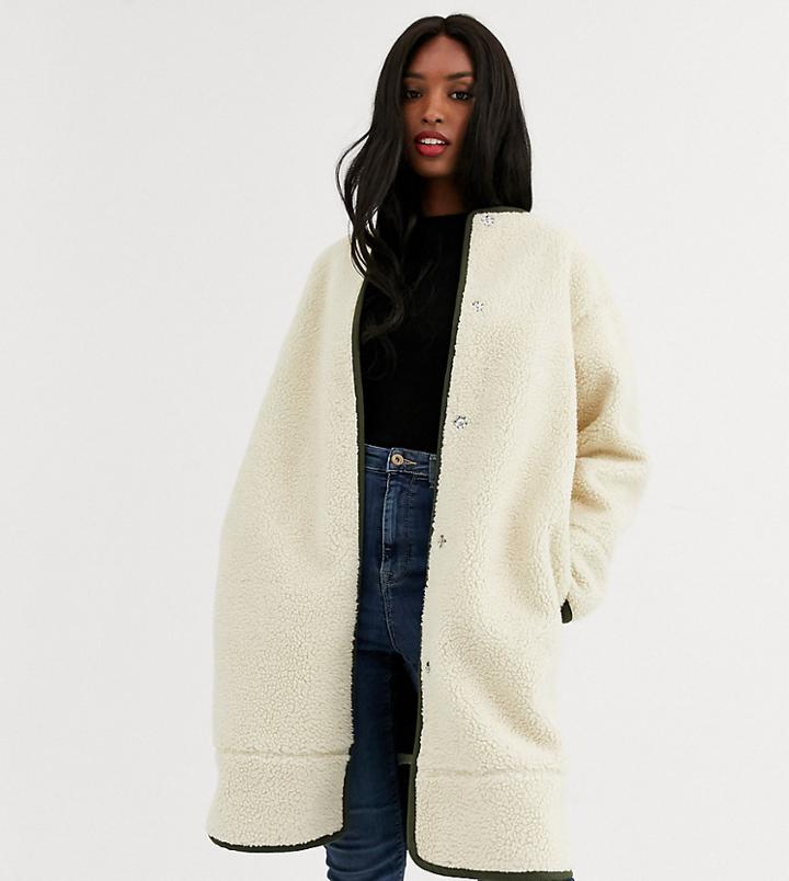 Asos Design Tall Collarless Borg Coat With Seam Detail In Cream
