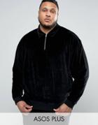 Asos Plus Sweatshirt With Half Zip And Collar In Velour - Black