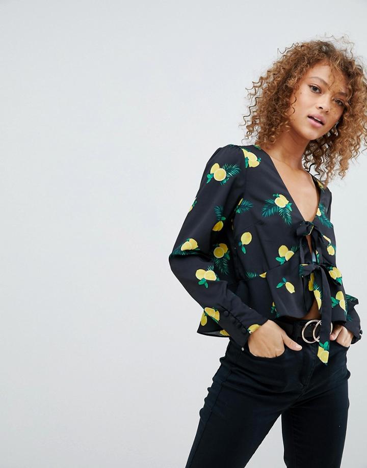 Asos Ruffle Top With Tie Front In Lemon Print - Multi