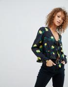 Asos Ruffle Top With Tie Front In Lemon Print - Multi