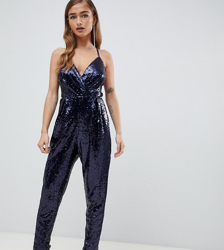 Tfnc Petite Sequin Cami Jumpsuit In Black - Navy