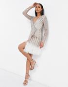 Starlet Embellished Wrap Mini Dress With Faux Feather Hem In Cream-white