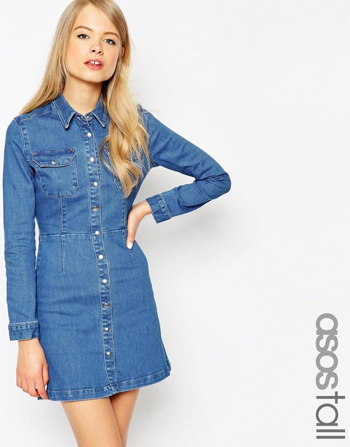 Asos Tall Western A-line Shirt Dress In Mid Wash - Blue