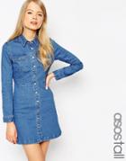Asos Tall Western A-line Shirt Dress In Mid Wash - Blue