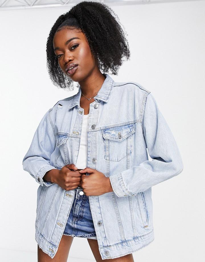 Stradivarius Oversized Denim Jacket In Deep Light Bleach Wash-blue