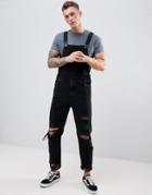 Asos Design Skinny Denim Overalls In Black With Heavy Rips - Black