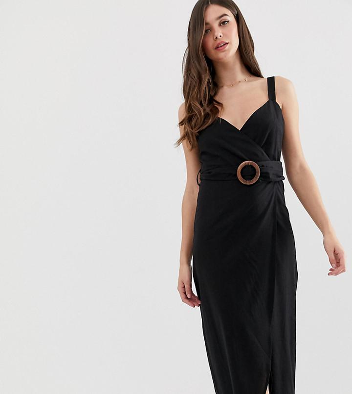 Asos Design Tall Wrap Maxi Dress With Buckle Belt-black