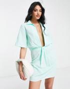 Lola May Plunge Front Mini Dress In Mint-blue