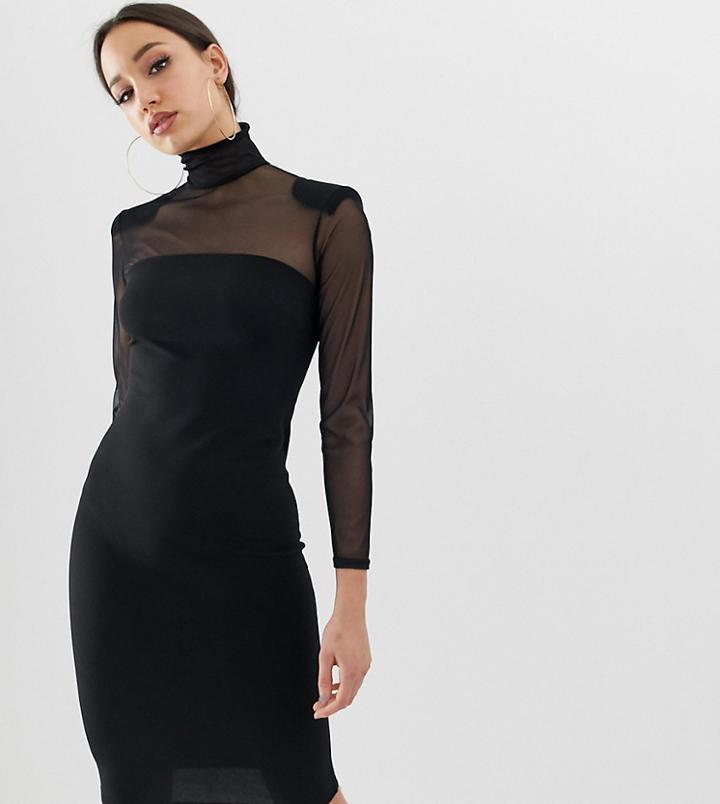 John Zack Tall Mesh Sleeve Bodycon Dress In Black - Black