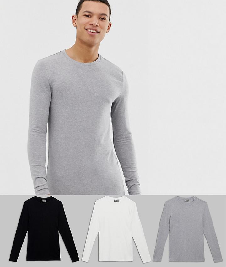 Asos Design Tall Muscle Long Sleeve T-shirt 3 Pack Multipack Saving - Multi