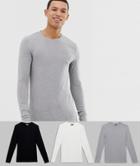 Asos Design Tall Muscle Long Sleeve T-shirt 3 Pack Multipack Saving - Multi
