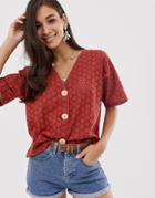 Asos Design Button Through Top In Broderie - Blue