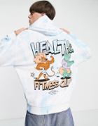 Asos Design Oversized Hoodie In Light Blue Tie Dye With Cartoon Fitness Print-multi