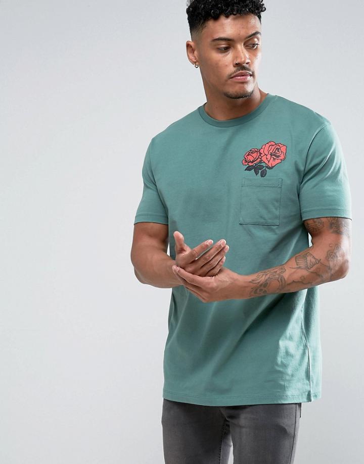 Asos Longline T-shirt With Pocket And Rose Print - Green