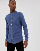 Asos Design Stretch Slim Denim Shirt In Mid Wash With Grandad Collar - Blue