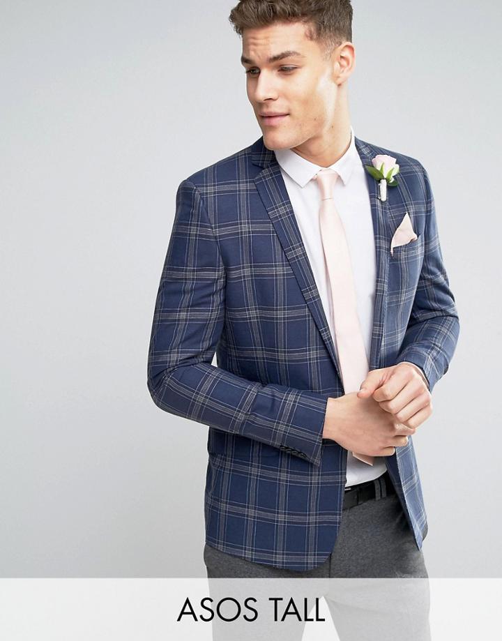Asos Tall Wedding Skinny Blazer In Linen Rich Lightweight Check - Blue