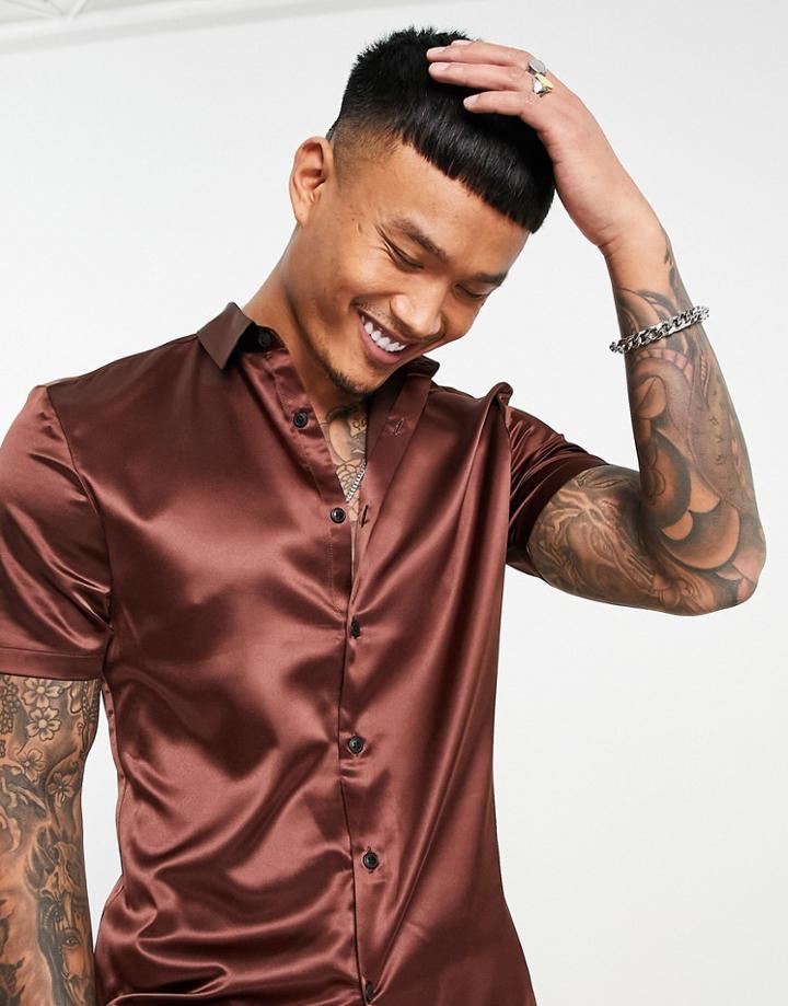 Asos Design Skinny Satin Shirt In Brown