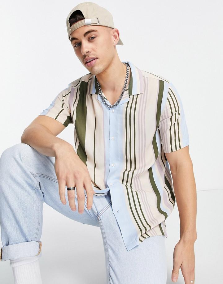 Topman Short Sleeve Striped Shirt In Olive-multi