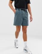 Asos Design Slim Utility Shorts In Washed Blue Canvas With Belt - Blue