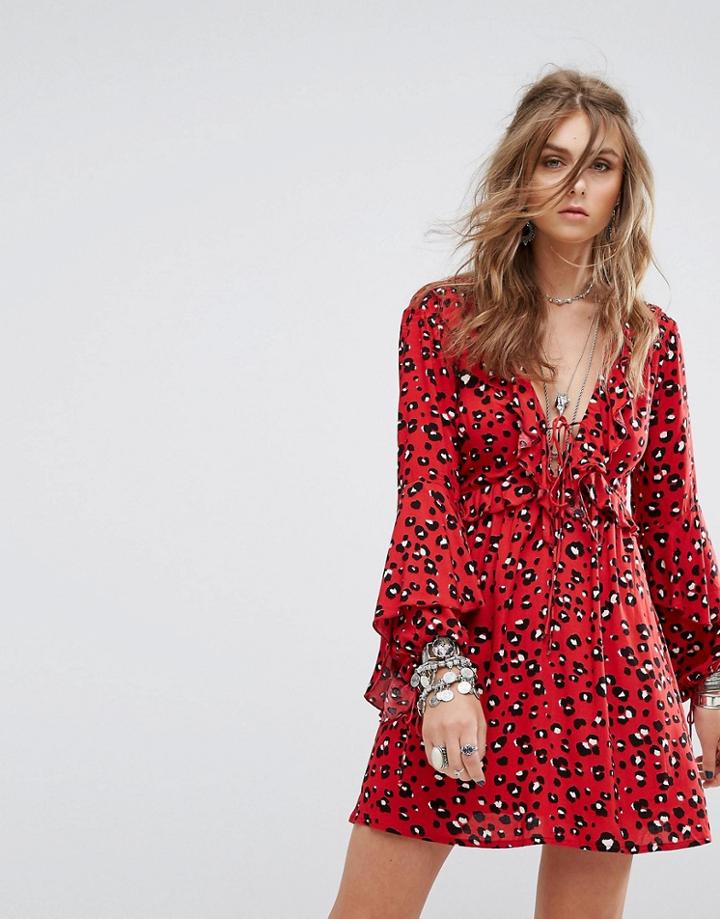 Kiss The Sky Smock Dress With Ruffle Trims And Ribbon Ties In Leopard - Red