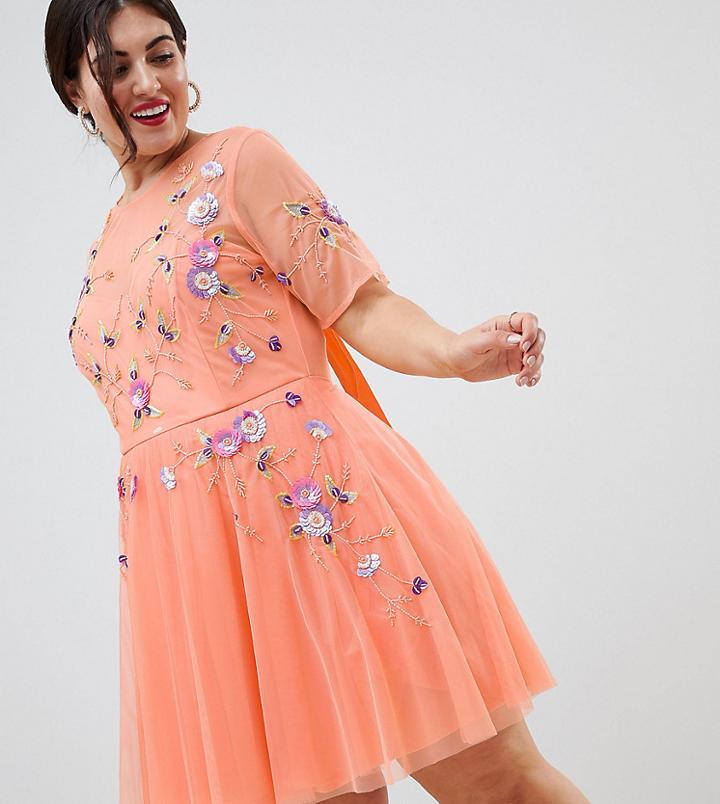 Asos Design Curve Premium Embellished Tulle Open Back Mini Dress - Orange