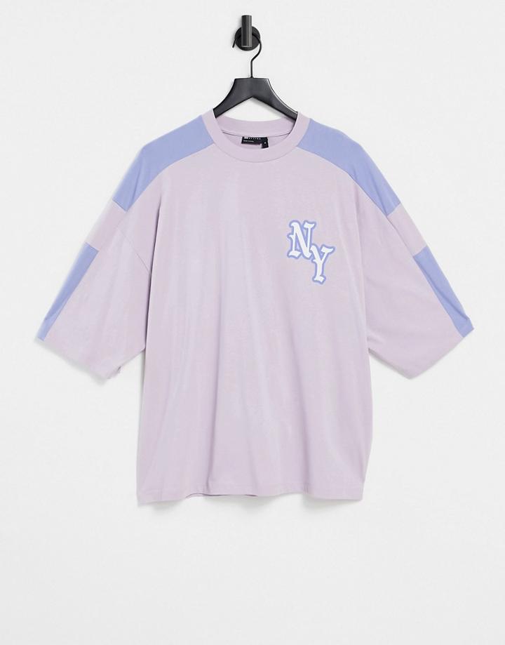 Asos Design Oversized T-shirt In Lilac With Shoulder Detail & Chest Print-multi
