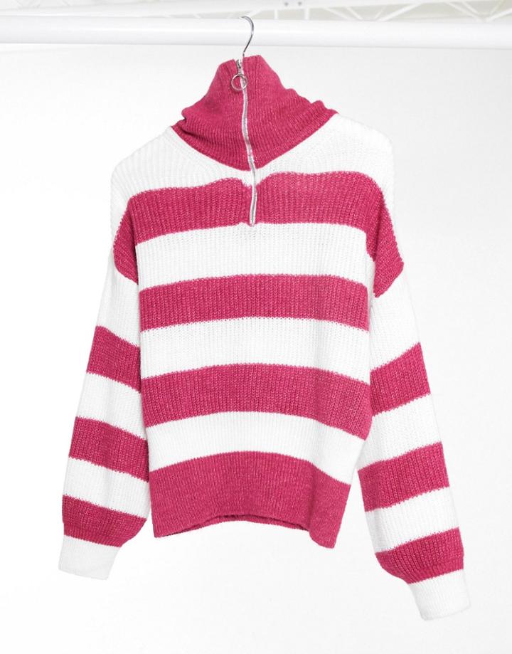 Asos Design Sweater In Stripe With Zip Through-white