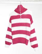 Asos Design Sweater In Stripe With Zip Through-white