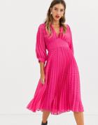 Asos Design Pleated Batwing Midi Dress In Chevron Dobby - Pink
