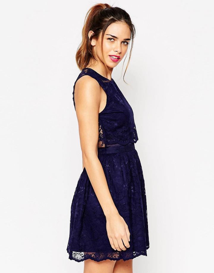 Asos Lace Crop Top Skater Dress - Black