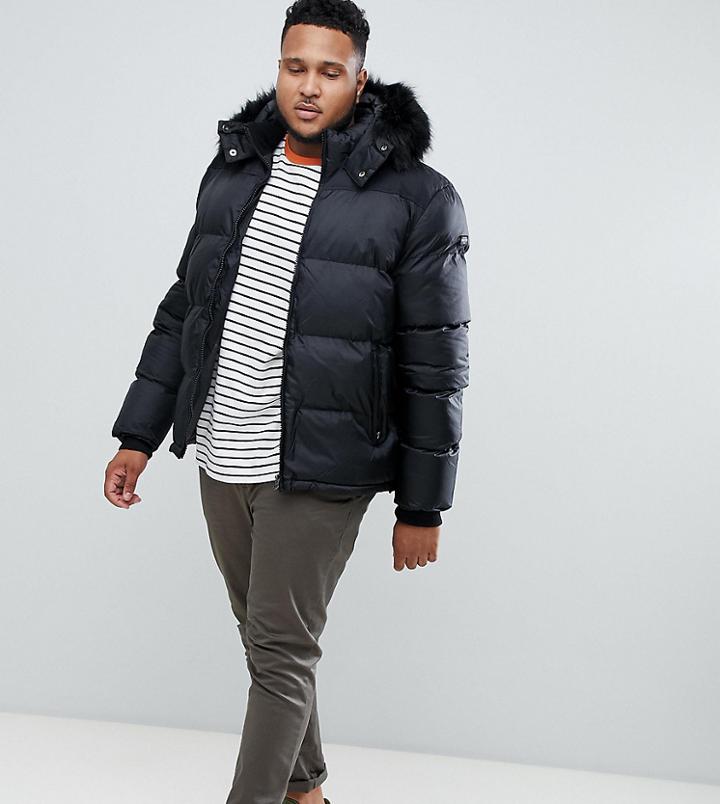Schott Puffer Jacket With Detachable Hood & Faux Fur Trim In Black - Black