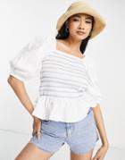 River Island Shirred Stripe Print Blouse In White
