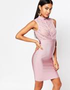 Wow Couture High Neck Bandage Bodycon Dress With Sheer Lace Bodice - Blush