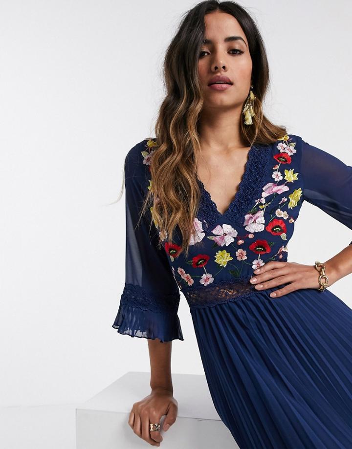 Asos Design Lace Insert Pleated Midi Dress With Embroidery In Navy