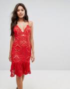 Love Triangle Allover Lace Pencil Dress With Fluted Hem Detail - Red